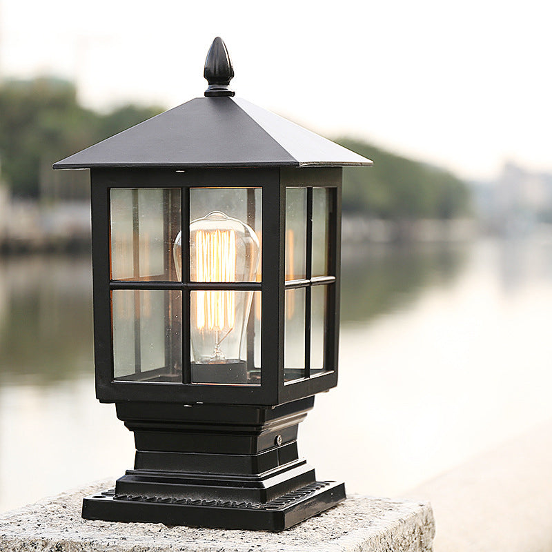 Metallic Lantern Shaped Landscape Light Retro 1 Bulb Outdoor Post Lighting with Clear Glass Shade