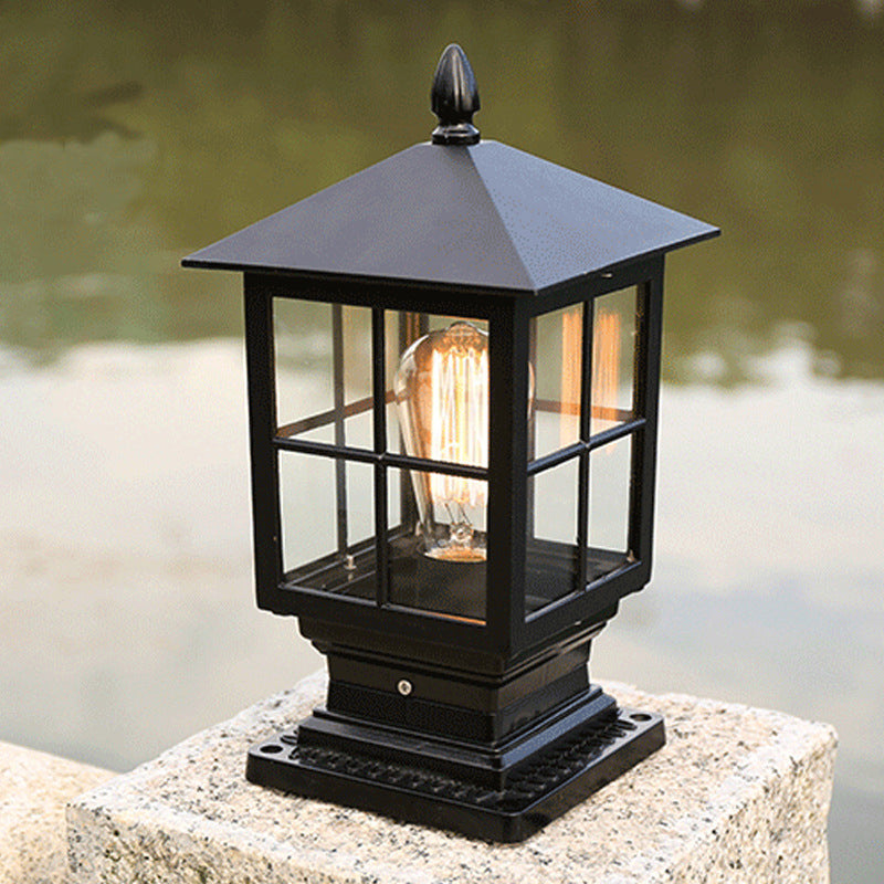 Metallic Lantern Shaped Landscape Light Retro 1 Bulb Outdoor Post Lighting with Clear Glass Shade