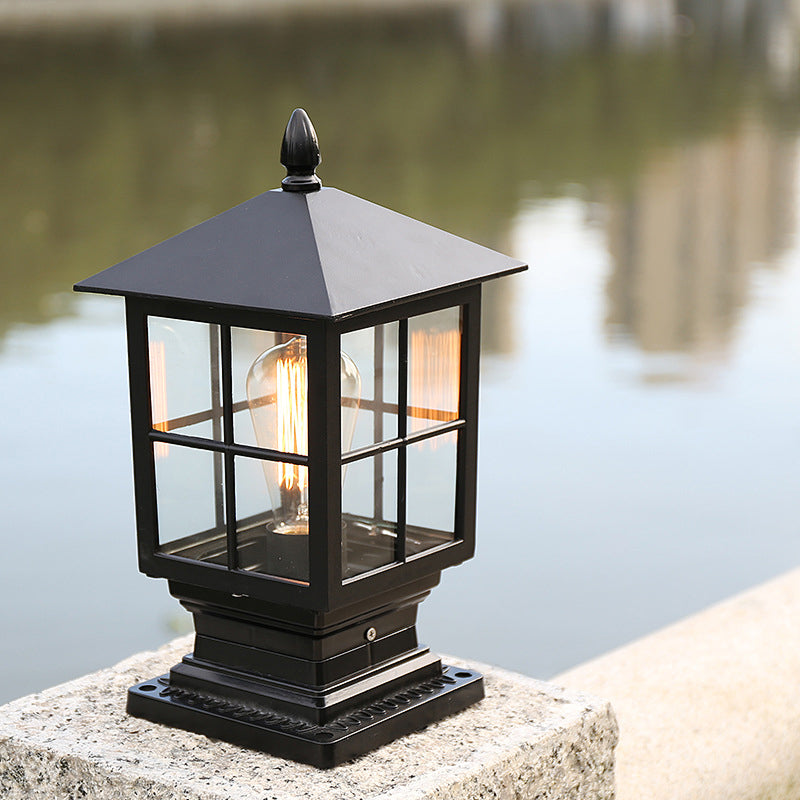 Metallic Lantern Shaped Landscape Light Retro 1 Bulb Outdoor Post Lighting with Clear Glass Shade