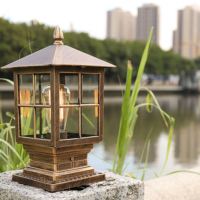 Metallic Lantern Shaped Landscape Light Retro 1 Bulb Outdoor Post Lighting with Clear Glass Shade