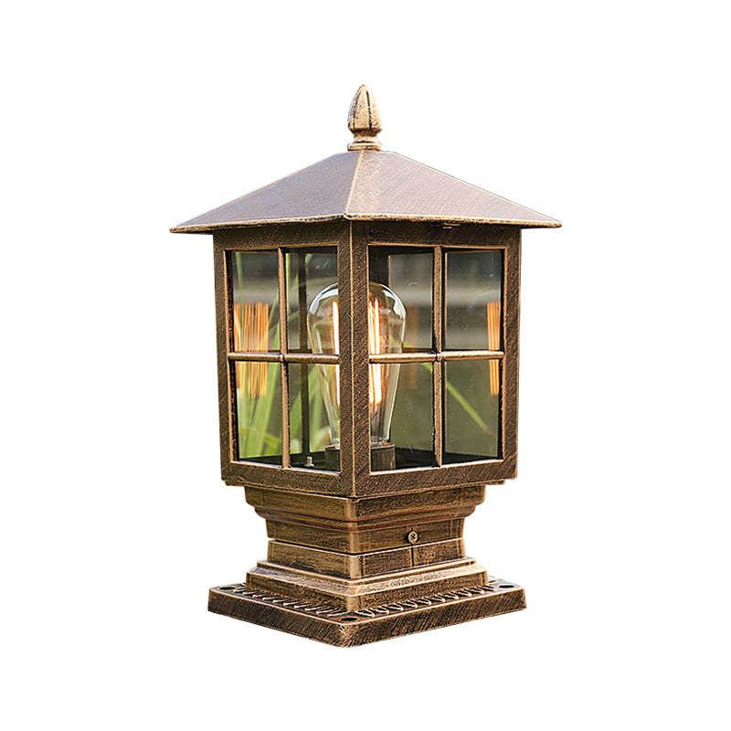 Metallic Lantern Shaped Landscape Light Retro 1 Bulb Outdoor Post Lighting with Clear Glass Shade