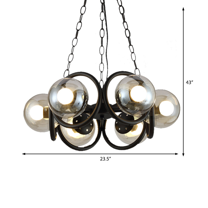 Black Ring Chandelier Lamp Industrial Clear Glass 6-Light Living Room Hanging Light with Globe Shade