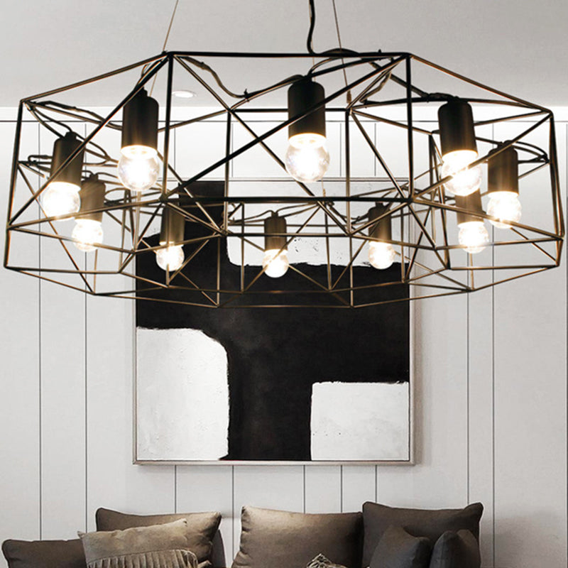 Black Geometric Pendant Lighting Farmhouse Clear Glass 10-Light Living Room Chandelier with Cage