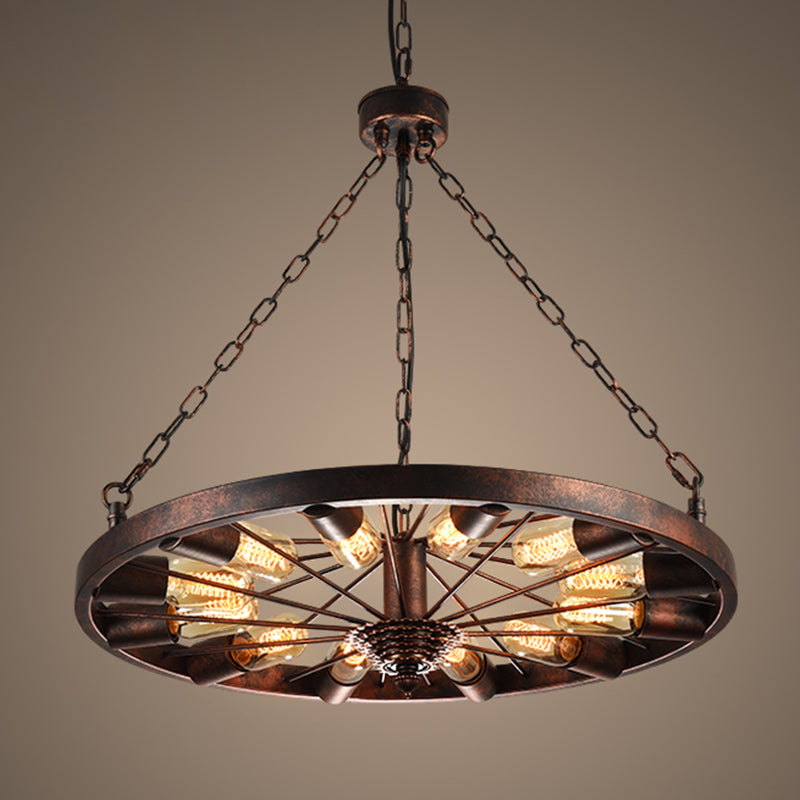 Metal Rust Pendant Lamp Wheel 12-Light Industrial Chandelier Light Fixture with Chain