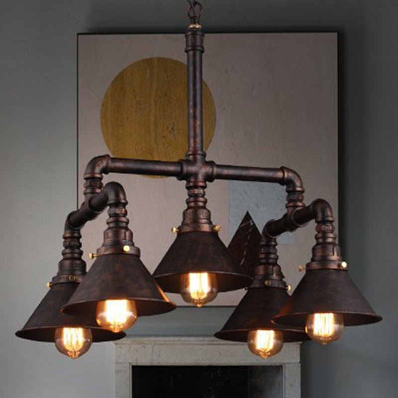 5-Bulb Ceiling Lamp with Cone Shade Metal Industrial Dining Room Chandelier Pendant Light in Rust