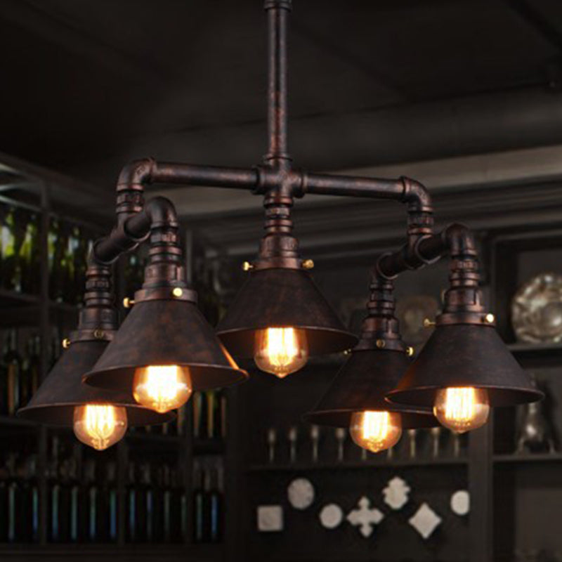 5-Bulb Ceiling Lamp with Cone Shade Metal Industrial Dining Room Chandelier Pendant Light in Rust