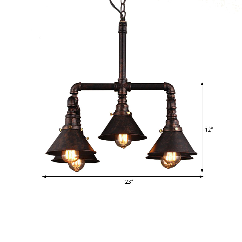 5-Bulb Ceiling Lamp with Cone Shade Metal Industrial Dining Room Chandelier Pendant Light in Rust