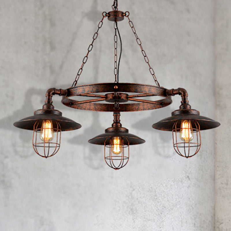 3-Light Metal Hanging Chandelier Industrial Weathered Copper Wagon Wheel Shade Kitchen Pendant Light with Cage