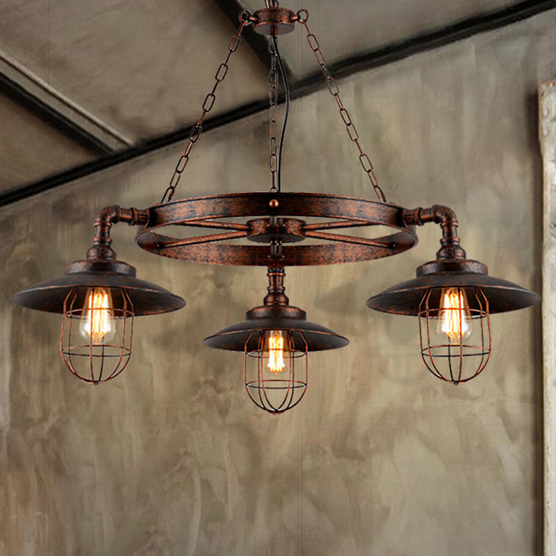 3-Light Metal Hanging Chandelier Industrial Weathered Copper Wagon Wheel Shade Kitchen Pendant Light with Cage