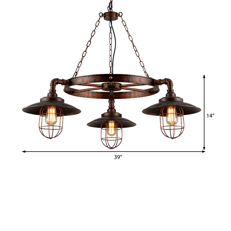 3-Light Metal Hanging Chandelier Industrial Weathered Copper Wagon Wheel Shade Kitchen Pendant Light with Cage