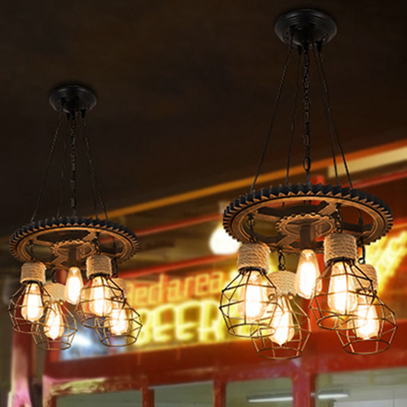 5 Lights Metal and Rope Pendant Chandelier Industrial Black Globe Dining Room Hanging Ceiling Fixture with Gear Shelf