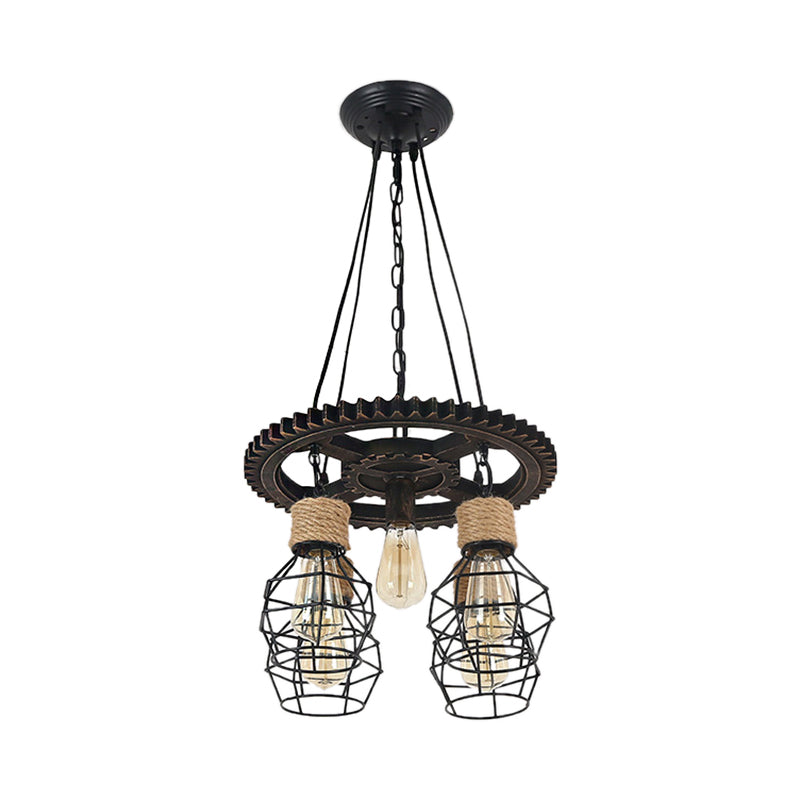 5 Lights Metal and Rope Pendant Chandelier Industrial Black Globe Dining Room Hanging Ceiling Fixture with Gear Shelf