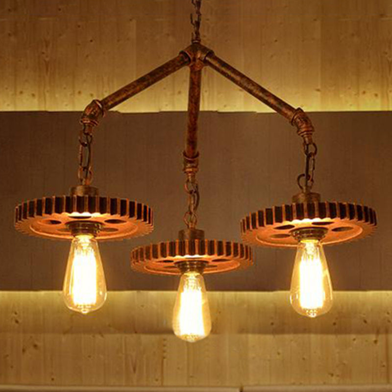 Open Metal Light Chandelier Industrial 3-Light Dining Room Pendant Lighting in Weathered Copper Gear