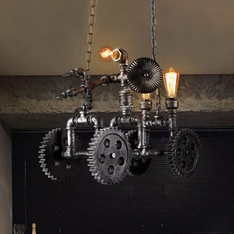 Antique Silver 3 Lights Chandelier Light Fixture Industrial Metal Gear Pendant Lamp with Robot