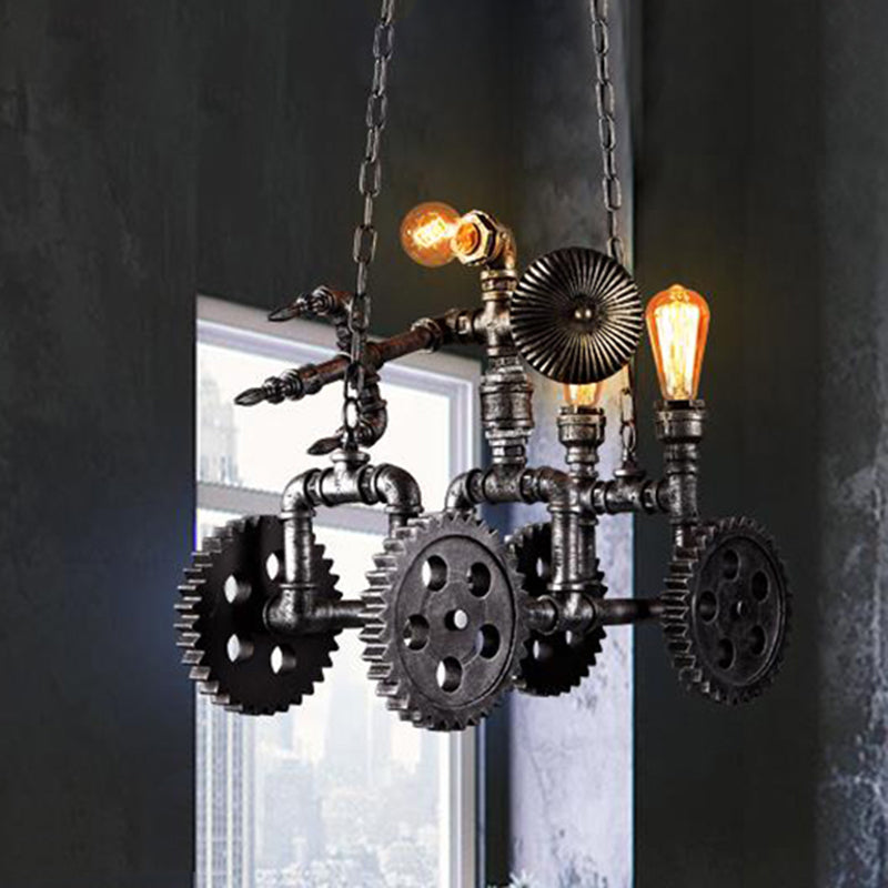 Antique Silver 3 Lights Chandelier Light Fixture Industrial Metal Gear Pendant Lamp with Robot