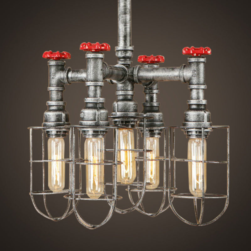 5 Lights Ceiling Light Industrial Caged Amber Glass Hanging Chandelier in Silver with Valve