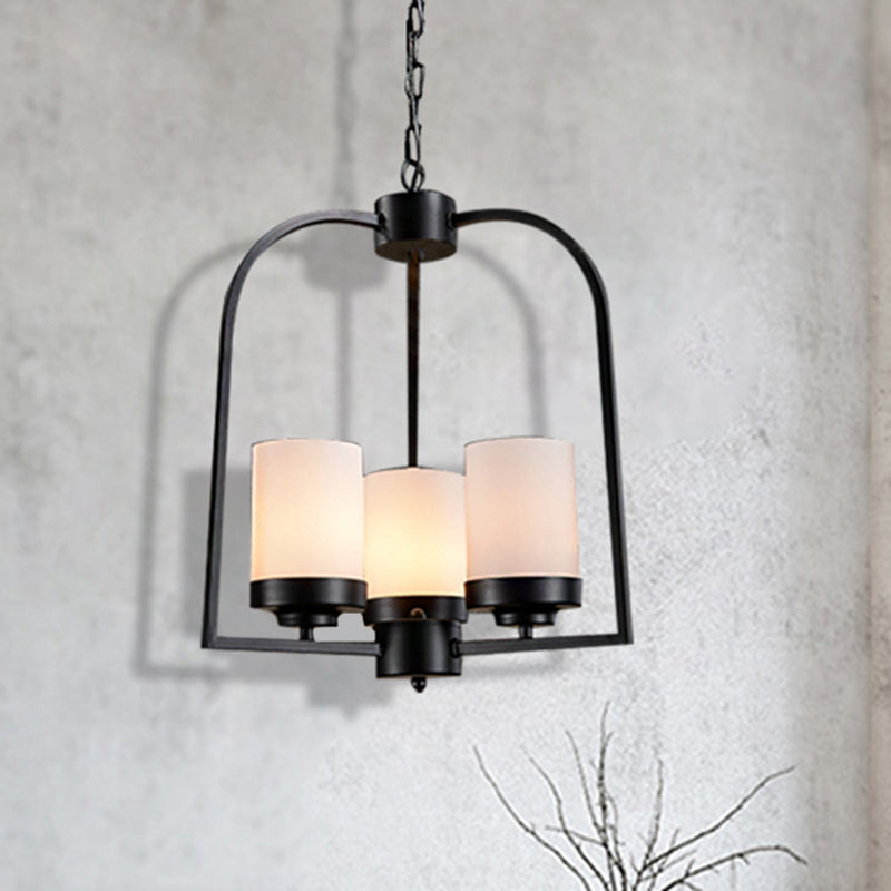 Matte Black Cylinder Chandelier Lamp Industrial Opal Glass 3 Light Dining Room Hanging Light