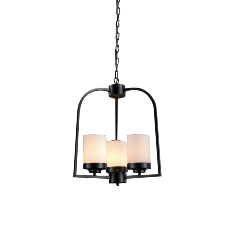 Matte Black Cylinder Chandelier Lamp Industrial Opal Glass 3 Light Dining Room Hanging Light