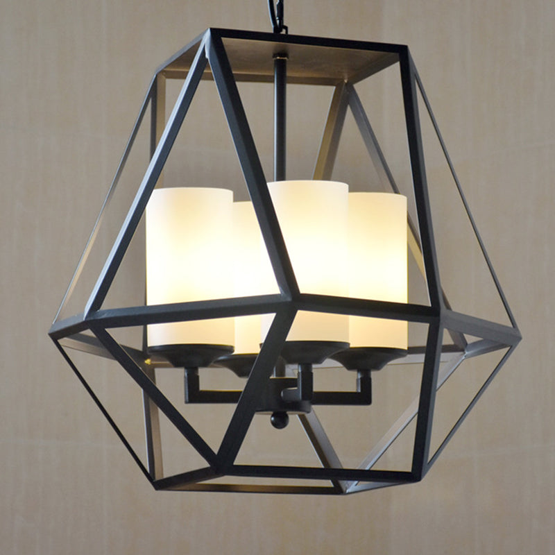 Geometric Dining Room Pendant Chandelier Industrial Opal Glass 3/4 Light Black Hanging Fixture with Cage