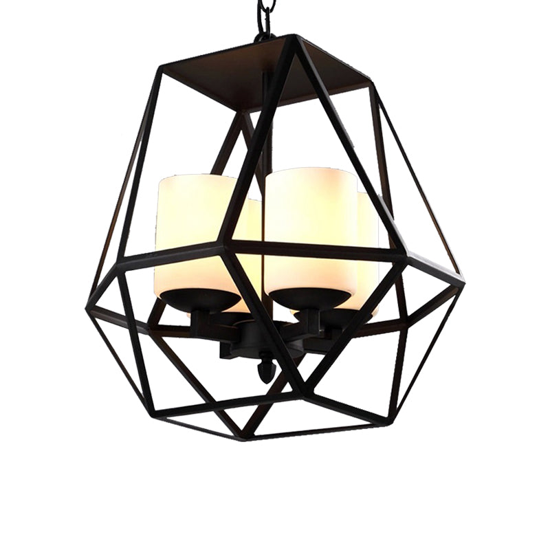 Geometric Dining Room Pendant Chandelier Industrial Opal Glass 3/4 Light Black Hanging Fixture with Cage