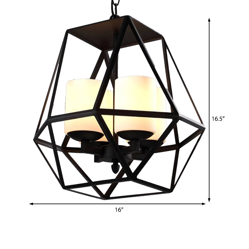 Geometric Dining Room Pendant Chandelier Industrial Opal Glass 3/4 Light Black Hanging Fixture with Cage