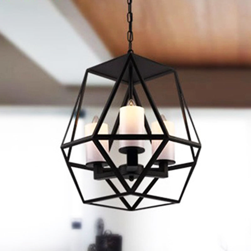 Geometric Dining Room Pendant Chandelier Industrial Opal Glass 3/4 Light Black Hanging Fixture with Cage