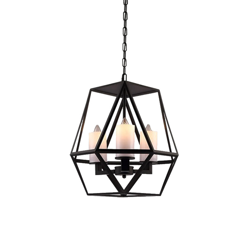 Geometric Dining Room Pendant Chandelier Industrial Opal Glass 3/4 Light Black Hanging Fixture with Cage