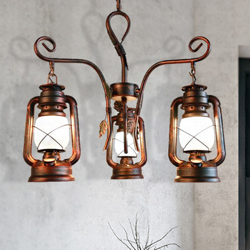 Lantern Opal Glass Light Chandelier Coastal 3 Light Dining Room Pendant Lighting in Weathered Copper