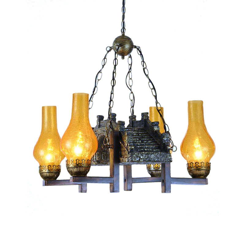 Yellow Crackle Glass Bronze Pendant Lamp Vase Shade 4-Light Industrial Chandelier Light Fixture with Chain