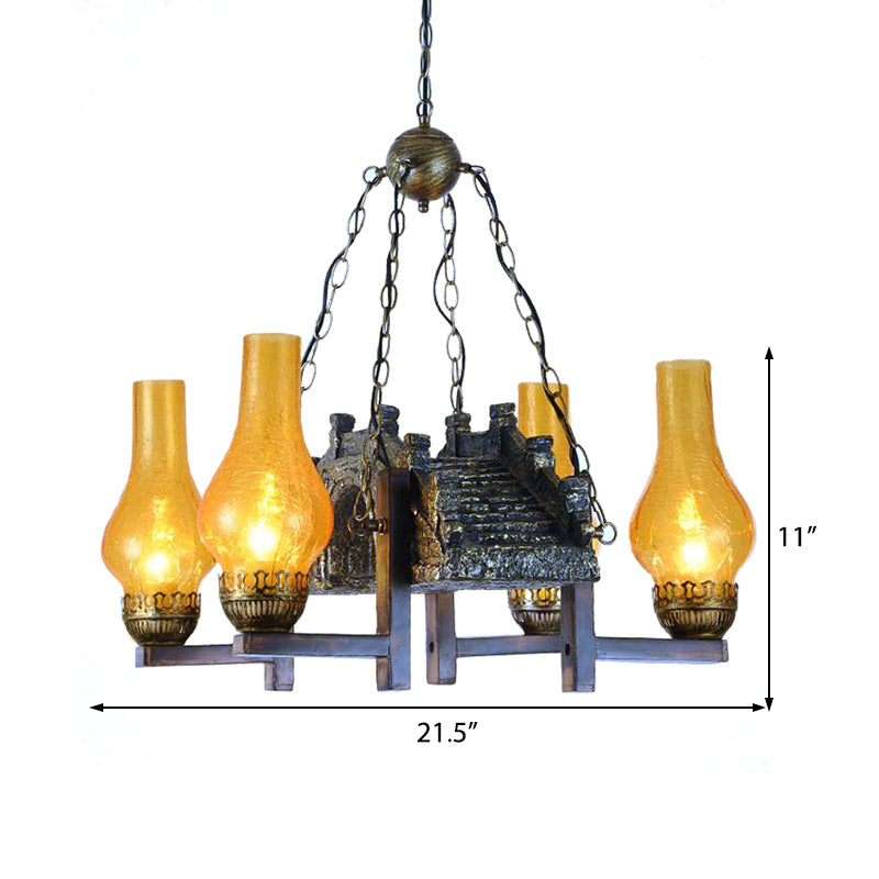 Yellow Crackle Glass Bronze Pendant Lamp Vase Shade 4-Light Industrial Chandelier Light Fixture with Chain