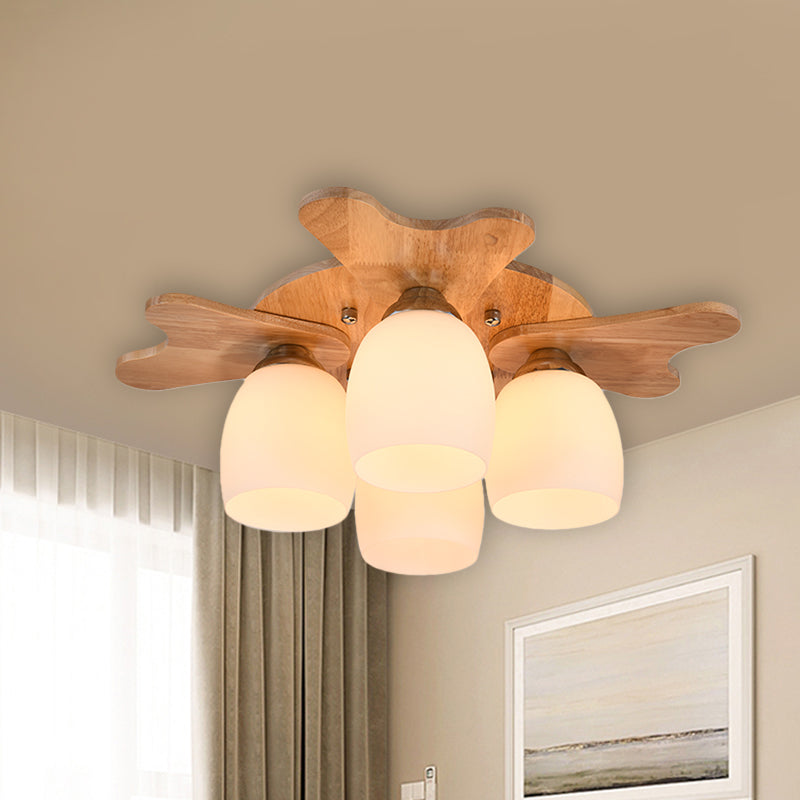 Cup Flush Mount Contemporary Milk Glass Beige 1/3/4 Lights Flush Mount Lamp with Wood Canopy