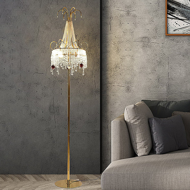 Tassel woonkamer vloer lamp kristal 2 bollen postmoderne stijl staand licht met scroll -decor in goud