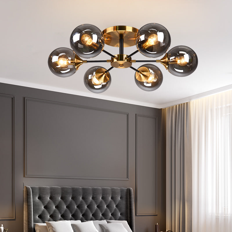 Round Semi Flush Lighting Modern White/Orange and Yellow/Smoke Glass 3/6/8 Lights Gold Led Flush Mount Light Fixture for Living Room in Warm Light