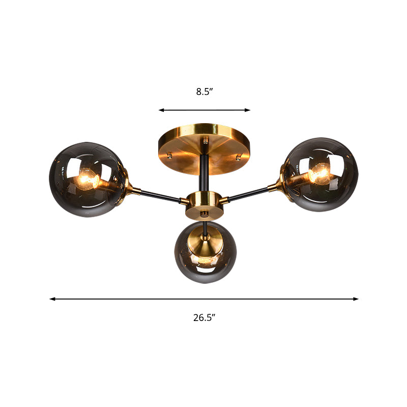 Round Semi Flush Lighting Modern White/Orange and Yellow/Smoke Glass 3/6/8 Lights Gold Led Flush Mount Light Fixture for Living Room in Warm Light