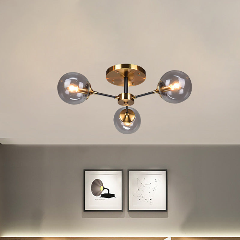 Round Semi Flush Lighting Modern White/Orange and Yellow/Smoke Glass 3/6/8 Lights Gold Led Flush Mount Light Fixture for Living Room in Warm Light