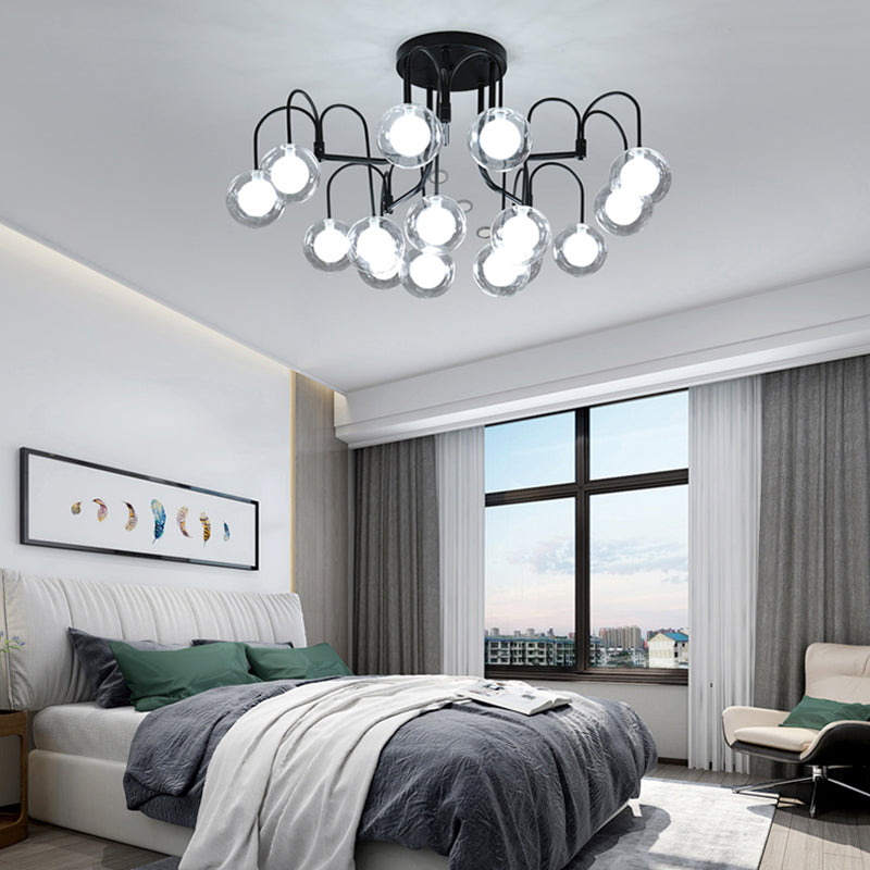 Ramo di salice nera semifulto illuminazione modernista modernista multile metallo semifulto lampada a montaggio con tonalità a sfera di vetro trasparente