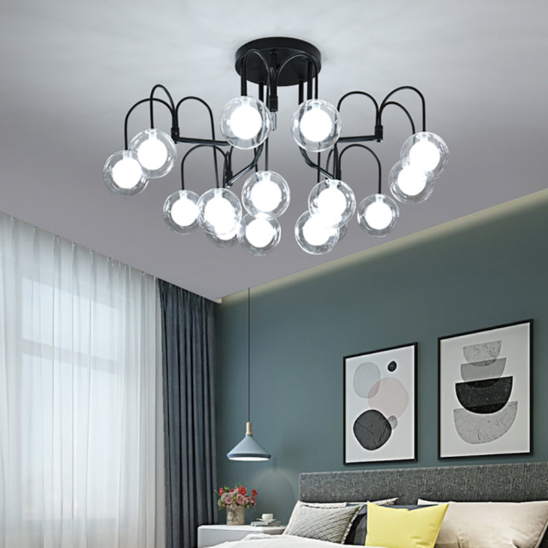 Schwarzer Weidenzweig halb Flush Beleuchtung modernistische Multi -Leuchten Metall halb Flush Mount Lampe mit klarem Glasballschatten