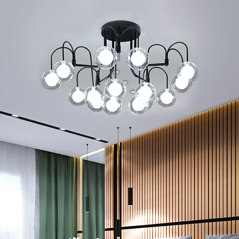 Ramo di salice nera semifulto illuminazione modernista modernista multile metallo semifulto lampada a montaggio con tonalità a sfera di vetro trasparente