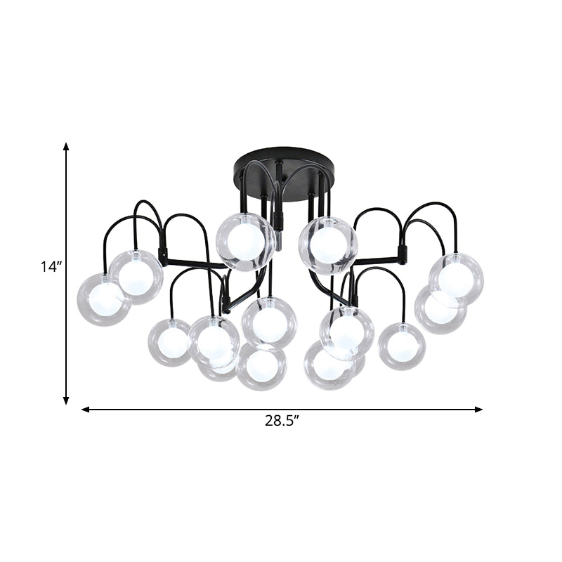 Schwarzer Weidenzweig halb Flush Beleuchtung modernistische Multi -Leuchten Metall halb Flush Mount Lampe mit klarem Glasballschatten