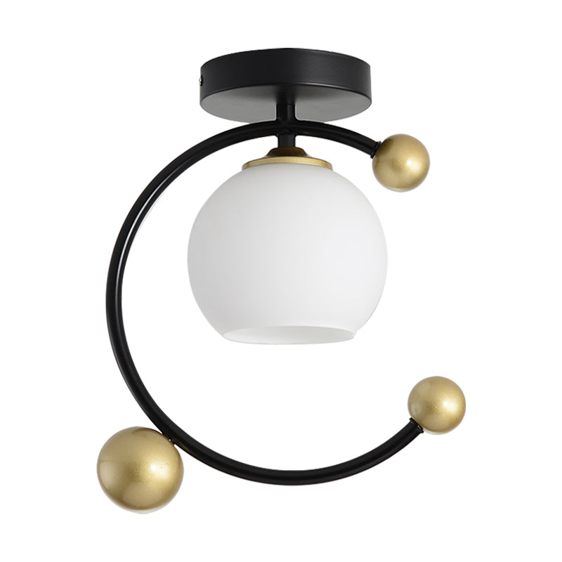 White Glass Sphere Semi Flush Mount Modernist 1 Light Black Semi Flush Mount Light Fixture with Iron Ring, 10"/12" Wide