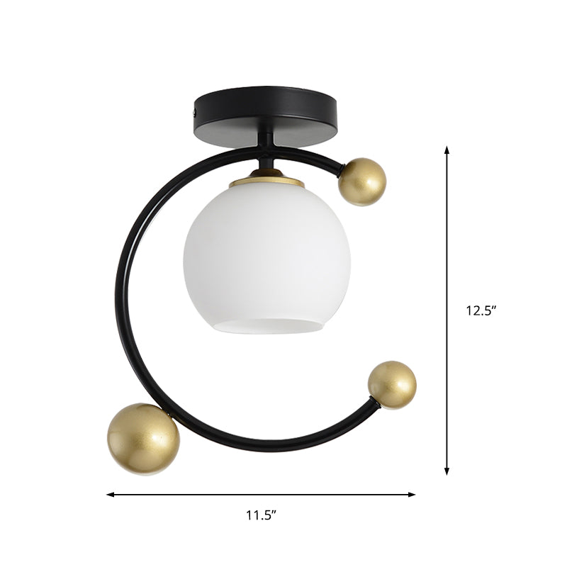 White Glass Sphere Semi Flush Mount Modernist 1 Light Black Semi Flush Mount Light Fixture with Iron Ring, 10"/12" Wide