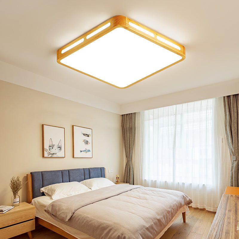 Rectangle Ceiling Mounted Light Modernism Wood Beige LED Flush Mount Lamp for Bedroom, 12"/18"/21"/25.5" Wide