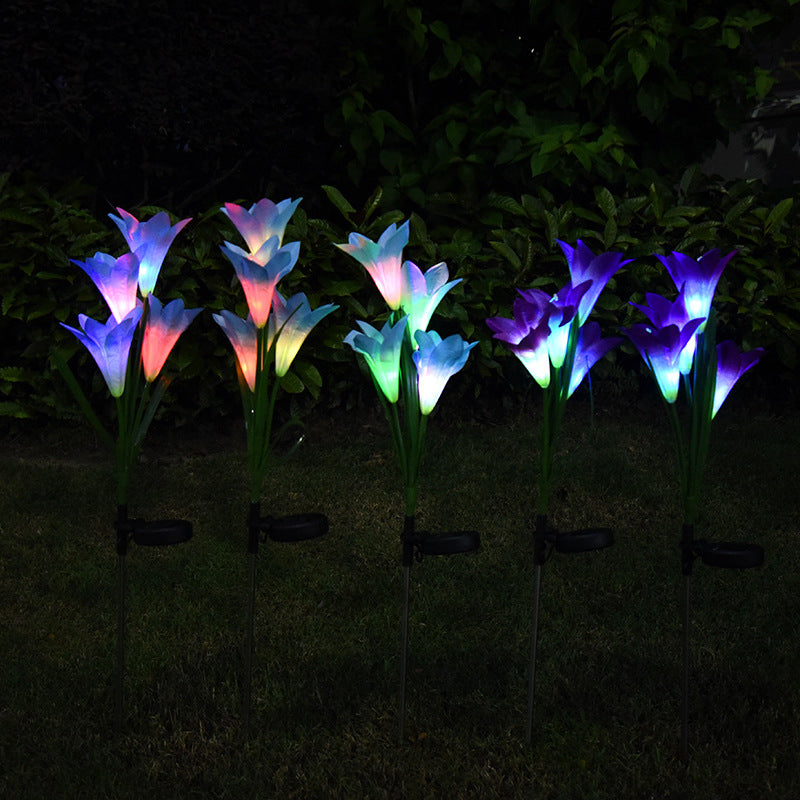 Decorative Artificial Lily Bouquet Solar Ground Lighting Plastic Garden LED Landscape Light, 2 Pcs