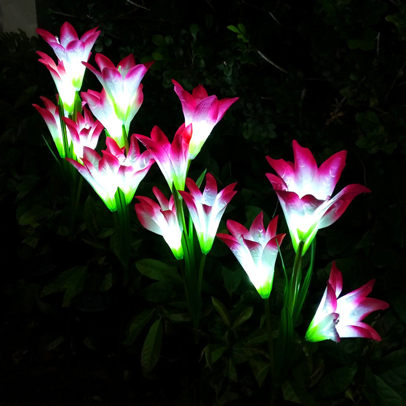 Decorative Artificial Lily Bouquet Solar Ground Lighting Plastic Garden LED Landscape Light, 2 Pcs