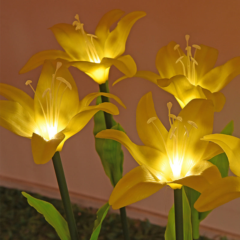 Plastic Lily Shaped LED Lawn Lighting Artistic Yellow Solar Stake Light for Backyard