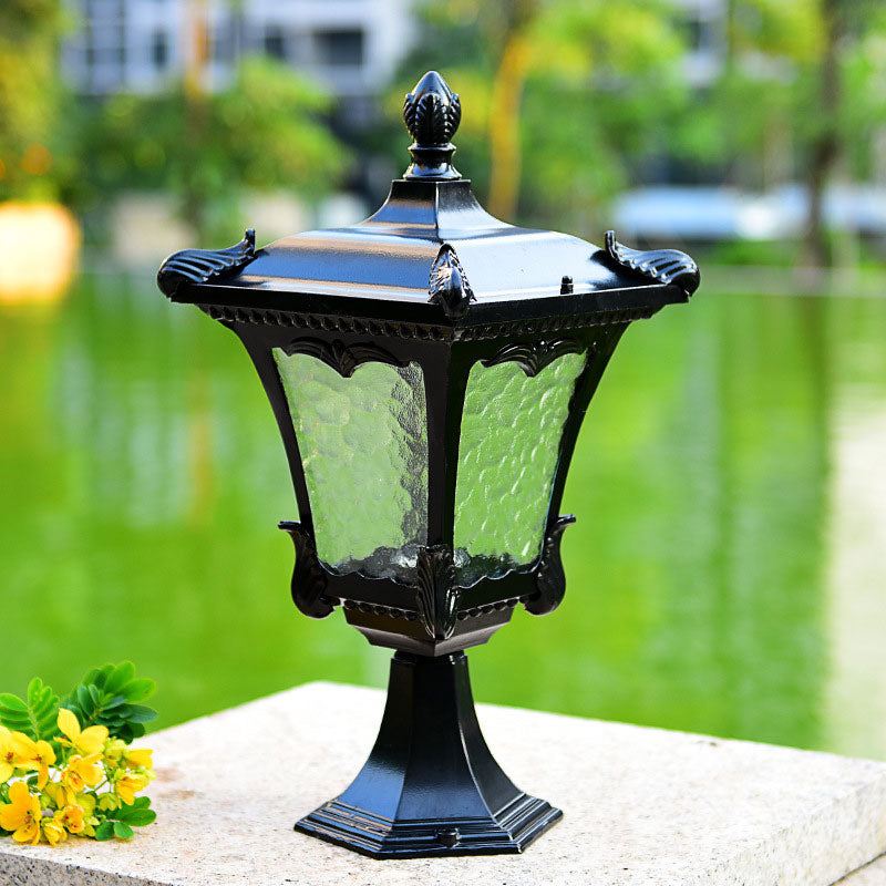 1 Bulb Post Lighting Vintage Flared Square Ripple Glass Landscape Lamp for Outdoor