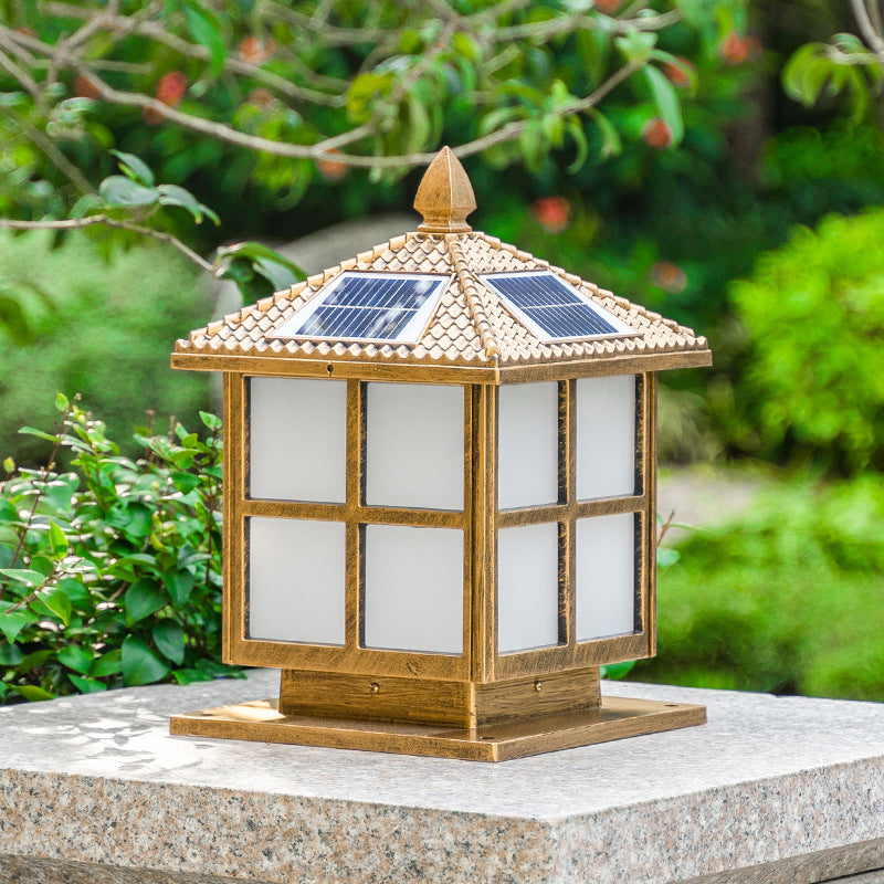 House Shaped Aluminum Post Lighting Vintage Single-Bulb Courtyard Landscape Lamp with Frosted Acrylic Shade