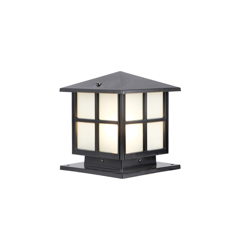 House Shaped Aluminum Post Lighting Vintage Single-Bulb Courtyard Landscape Lamp with Frosted Acrylic Shade