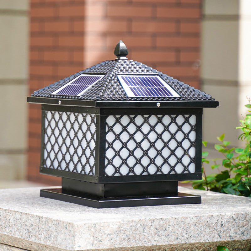 Retro Rectangle Shade Solar Pier Mount Light Frosted Acrylic LED Post Lighting for Outdoor