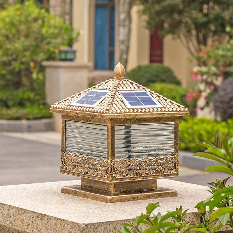 House Aluminum LED Pillar Lamp Rustic Courtyard Solar Post Lighting Fixture with Frosted Acrylic Shade in Bronze